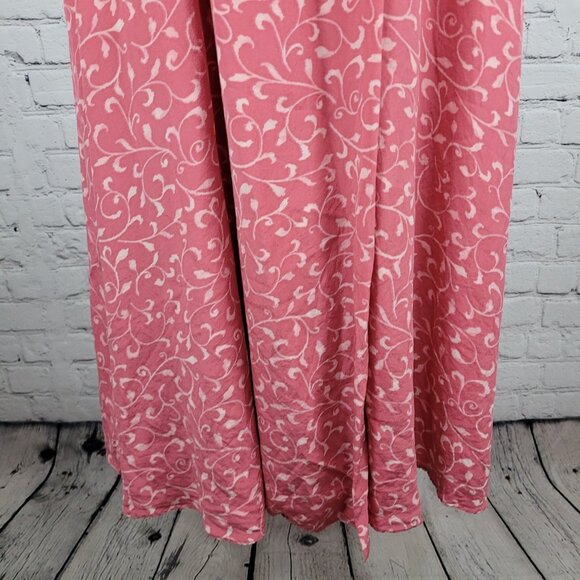 Papillon Pink 100% Silk Leaf Print Short Sleeve Belted Lined Long Wrap Dress 16 - Picture 12 of 14